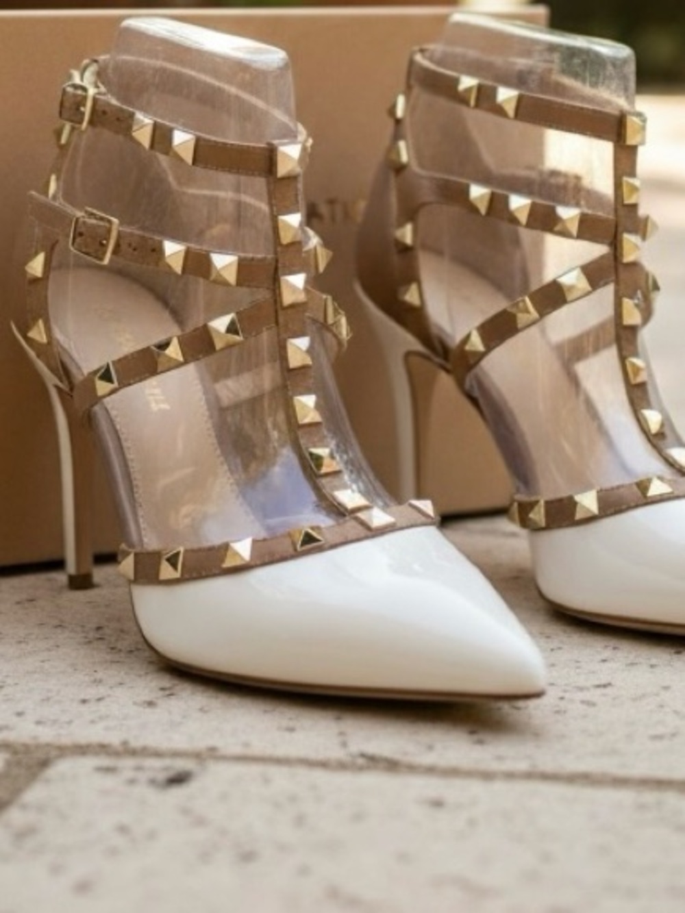 BCBGeneration White and Taupe Studded Strappy Pointed Pumps